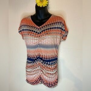 Style & Co.~V-Neck Stripe Design Top~Ruching~Form Fitting~Cap Sleeve~Size M